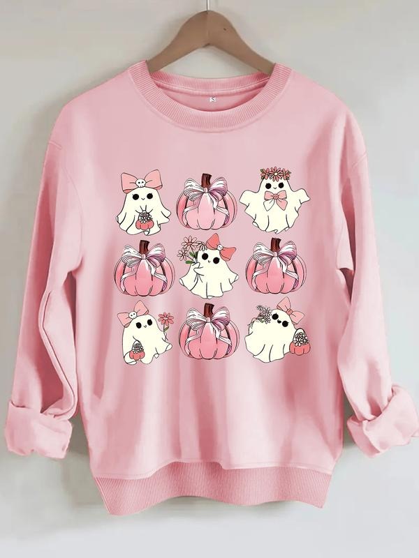 Women's Casual Ghost Pumpkin Print Pullover Sweater, Soft Long Sleeve Round Neck Halloween Sweatshirt, All Seasons Wear...