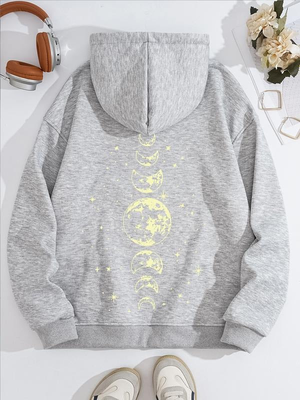Women's Casual Half Moon Round Moon Pattern Fleece Hoodie with Front Pocket, Comfortable Winter Pullover, Sweatshirt T-Shirts