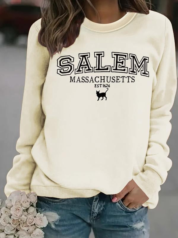 Women's Casual Halloween Cat Print Pullover Sweater, Soft Long Sleeve Round Neck Sweatshirt, Comfortable Daily Wear...