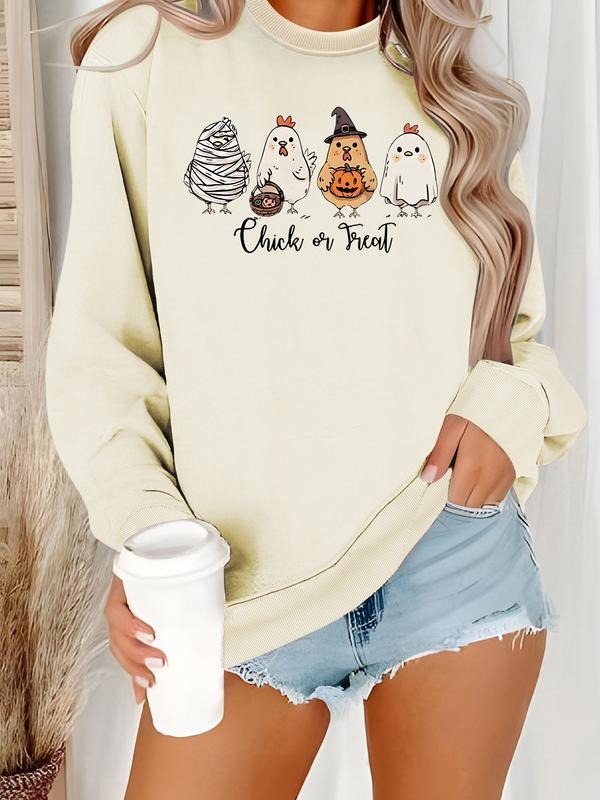 Women's Casual Halloween Chicken Print Pullover Sweater, Soft Long Sleeve Round Neck Sweatshirt, Comfortable Daily Wear...