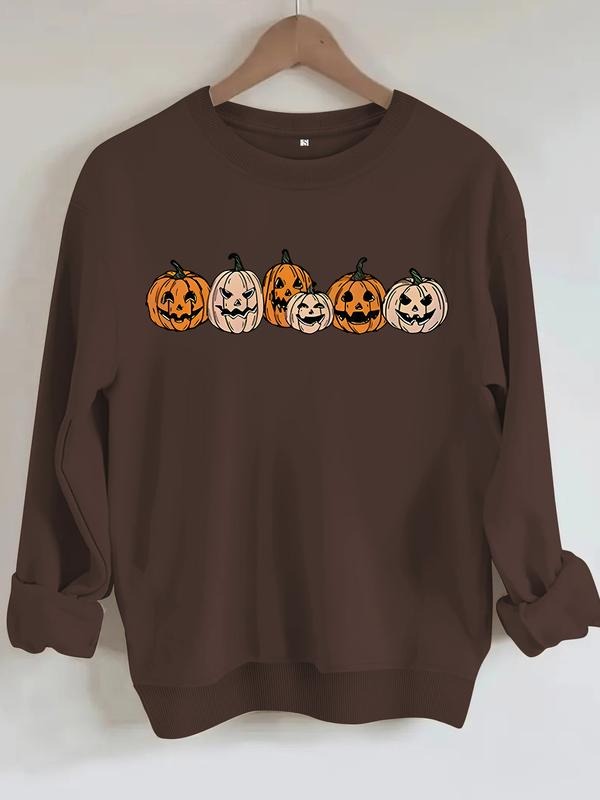 Women's Casual Halloween Pumpkin Pattern Pullover Sweater, Soft Long Sleeve Round Neck Sweatshirt, Comfortable Daily Wear...
