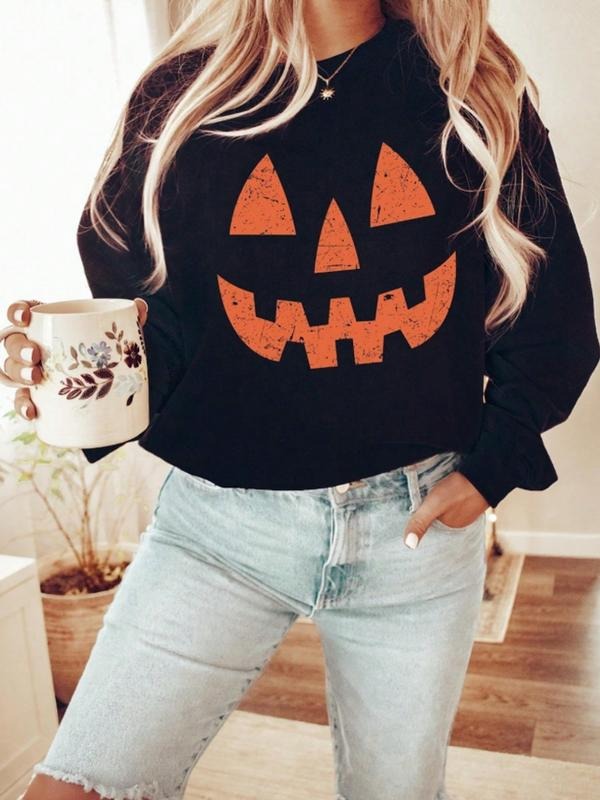 Women's Casual Halloween Smiley Face Sweatshirt, Soft Long Sleeve Round Neck Pullover, All-Season Comfort T-Shirts, Hoodie