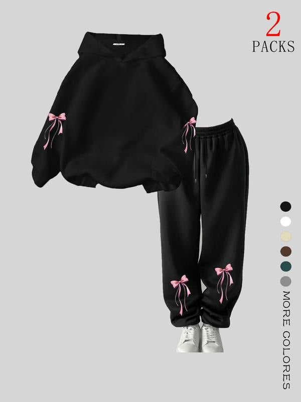 Women's Casual Hooded Sweatshirt Set, Fall & Winter Fashion, Loose-Fit Thicken Fabric, Warm Pocket Joggers, Stylish Bow...