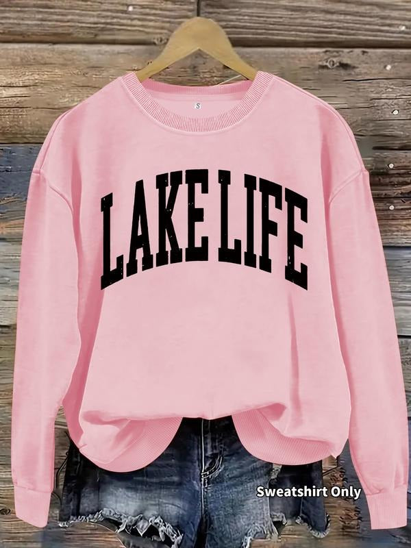 Women's Casual Lake Life Letter Print Pullover Sweater, Soft Long Sleeve Round Neck Sweatshirt, All-Season Wear T-Shirts,...