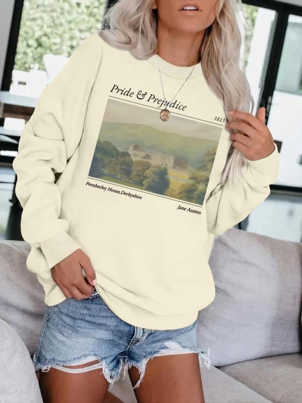 Women's Casual Landscape Pride & Prejudice Print Pullover Sweater, Soft Long Sleeve Round Neck Sweatshirt, All-Season...