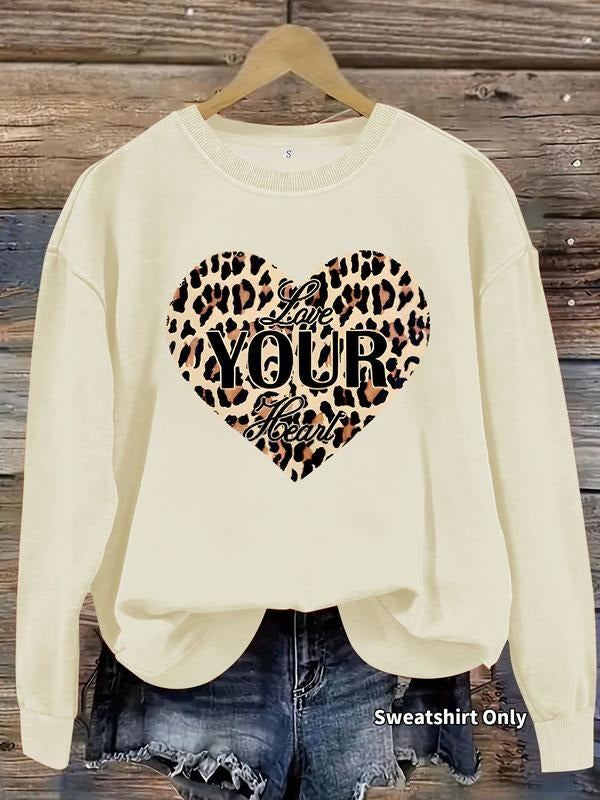 Women's Casual Leopard Heart Pattern Pullover Sweater, Soft Long Sleeve Round Neck Sweatshirt, Comfortable Daily Wear...