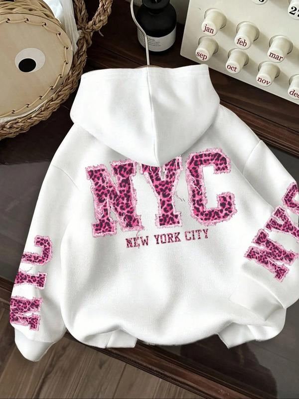 Women's Casual Leopard Print Hoodie, Loose-Fit Fleece Sweatshirt with Letter Design, Fall & Winter Fashion,...