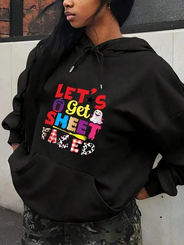 Women's Casual Letter Print Hooded Sweatshirt, Fleece Lined Sporty Pullover, Fall & Winter Warm Clothing, Halloween Fun...
