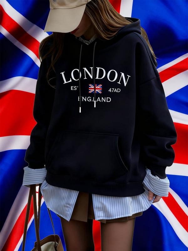 Women's Casual London Letter Print Hooded Sweatshirt, Long Sleeve, Loose-Fitting, Pocket Design, Fall & Winter Wear...