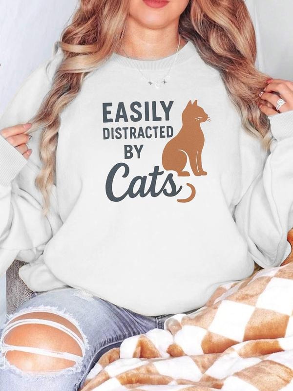 Women's Casual Loose-Fit Graphic Sweatshirt, Round Neck Long Sleeve Warm Fleece Pullover, Fall Winter Fashion Cat Print...