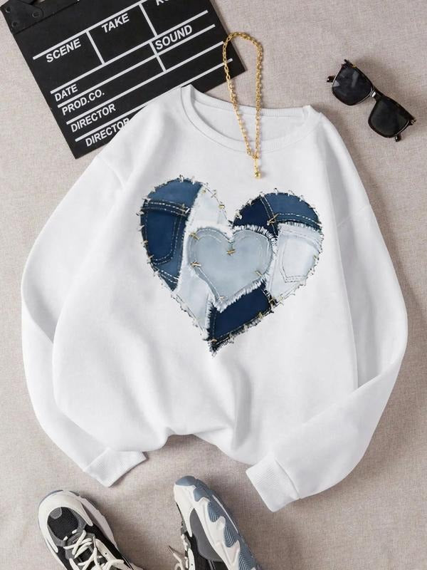 Women's Casual Loose-Fit Heart Graphic Sweatshirt, Round Neck Long Sleeve Pullover, Fall Winter Fashion, Multifunctional...
