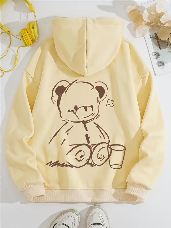 Women's Casual Loose-Fit Hooded Sweatshirt with Bear Pattern, Thick Knitted Fabric, Fall & Winter Wear, Pullover...