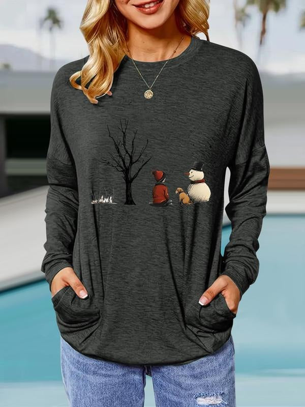 Women's Casual Loose-Fit Long Sleeve Sweatshirt, Snowman Print Round Neck Pullover, Comfortable Breathable Spring & Fall...