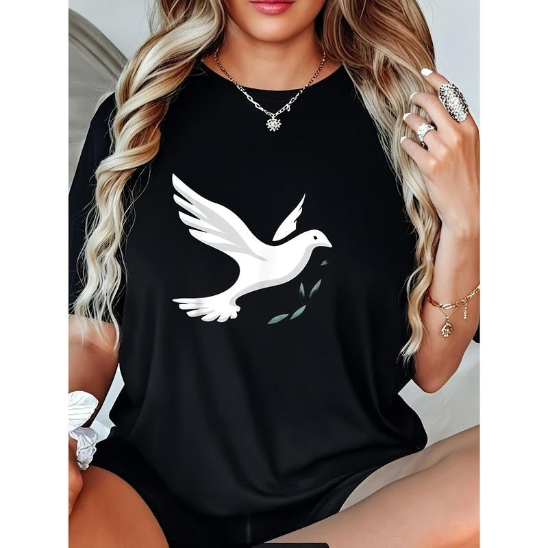 Women's Casual Loose Fit Round Neck T-Shirt - Black with White Dove Graphic Print, Breathable Machine Washable Summer...