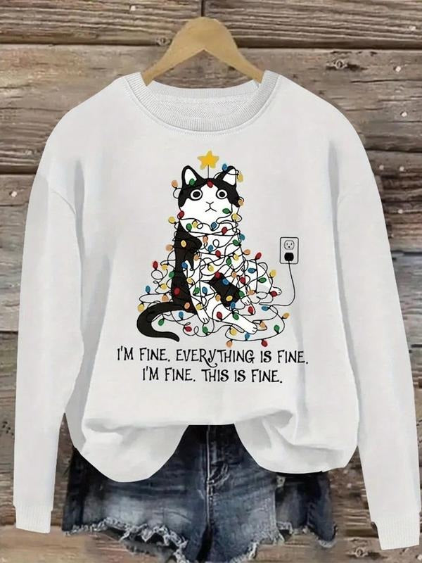 Women's Casual Loose-Fitting Sweatshirt, I'm Fine Design Slogan & Cat Pattern, Fall Winter Round Neck Pullover for...