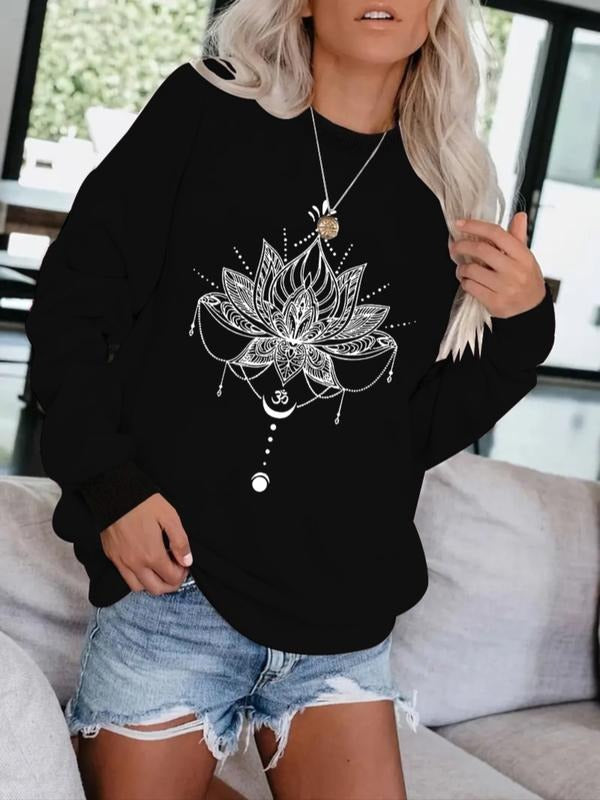 Women's Casual Lotus Pattern Pullover Sweater, Soft Long Sleeve Round Neck Sweatshirt, All-Season Comfortable Daily Wear...