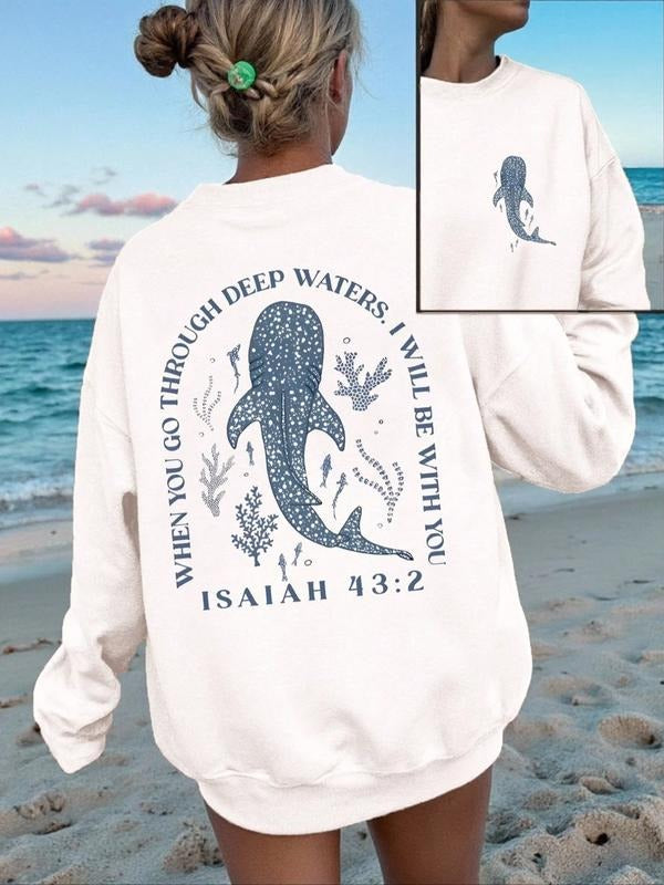 Women's Casual Minimalist Holiday Beach Shark Graphic Print Round Neck Loose Fit Sweatshirt, Fall & Winter Thicken Kint...