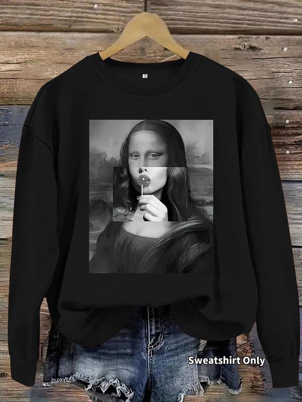 Women's Casual Mona Lisa Print Pullover Sweater, Soft Long Sleeve Round Neck Sweatshirt, Comfortable Daily Wear T-Shirts,...