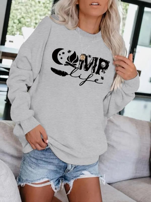 Women's Casual Moon Stars Campfire Pattern Hoodie, Soft Long Sleeve Round Neck Sweatshirt, All-Season Comfort T-Shirts