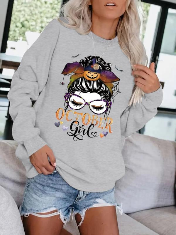 Women's Casual October Pattern Sweatshirt, Soft Long Sleeve Round Neck Pullover, Comfortable All-Season Wear T-Shirts, Hoodie