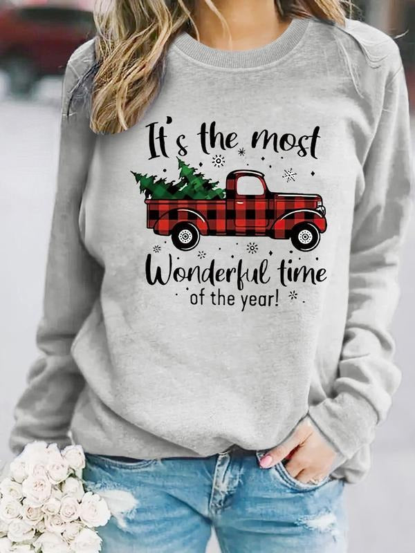 Women's Casual Plaid Car Wonder Print Pullover Sweater, Soft Long Sleeve Round Neck Sweatshirt, All-Season Wear T-Shirts,...