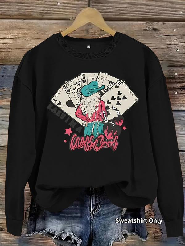 Women's Casual Poker Print Pullover Sweater, Soft Long Sleeve Round Neck Sweatshirt, All-Season Comfortable Daily Wear...