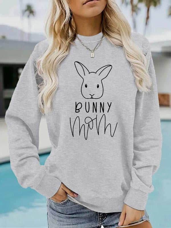 Women's Casual Rabbit & Letter Print Pullover Sweater, Soft Long Sleeve Round Neck Sweatshirt, All-Season Wear T-Shirts,...