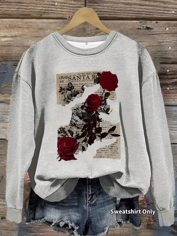 Women's Casual Rose Print Pullover Sweater, Soft Long Sleeve Round Neck Sweatshirt, Comfortable Daily Wear T-Shirts, Hoodie