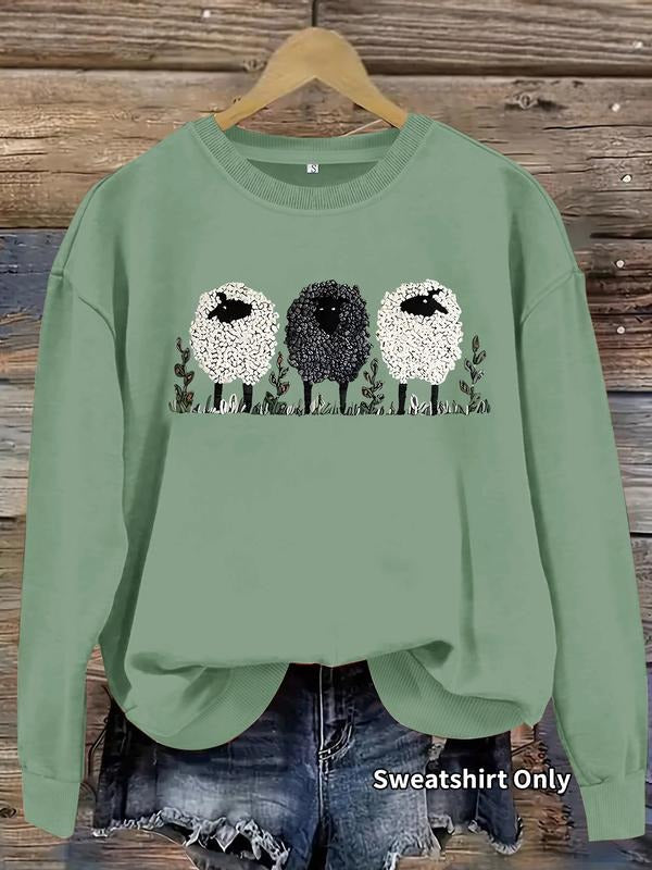 Women's Casual Sheep Pattern Pullover Sweatshirt, Soft Long Sleeve Round Neck, All-Season Comfort, Durable Fabric...