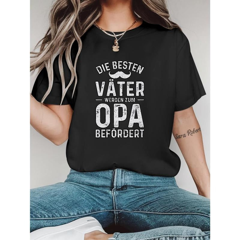 Women's Casual Short Sleeve T-Shirt - "The Best Dads Become Grandpas" German Quote & Mustache Graphic Print, Black Round...