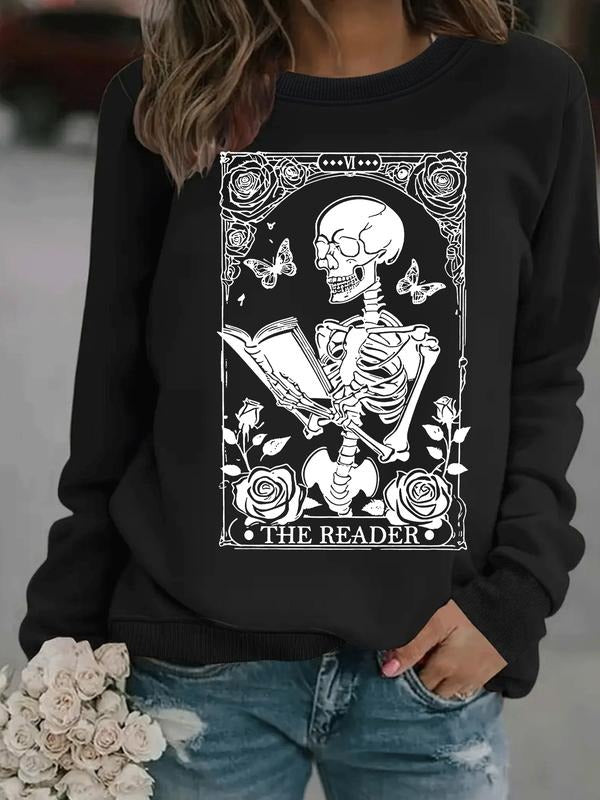 Women's Casual Skull Butterfly Floral Print Pullover Sweater, Soft Long Sleeve Round Neck Halloween Sweatshirt, Daily...