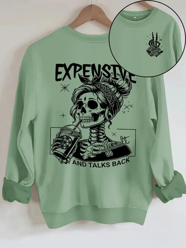 Women's Casual Skull Pattern Hoodie, Soft Long Sleeve Round Neck Halloween Sweatshirt, All-Season Comfort T-Shirts