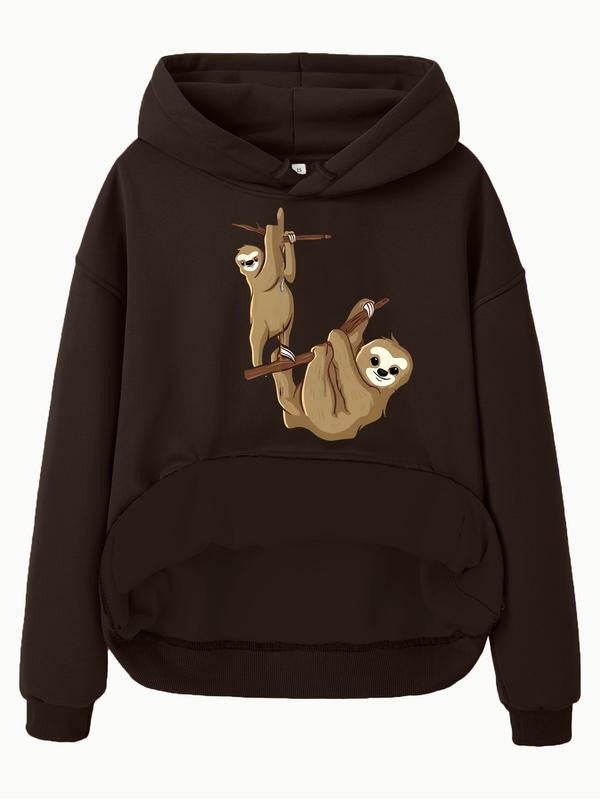 Women's Casual Sloth Print Hoodie with Front Pocket, Loose-Fit Thick Knit Pullover for Fall & Winter, Sweatshirt T-Shirts