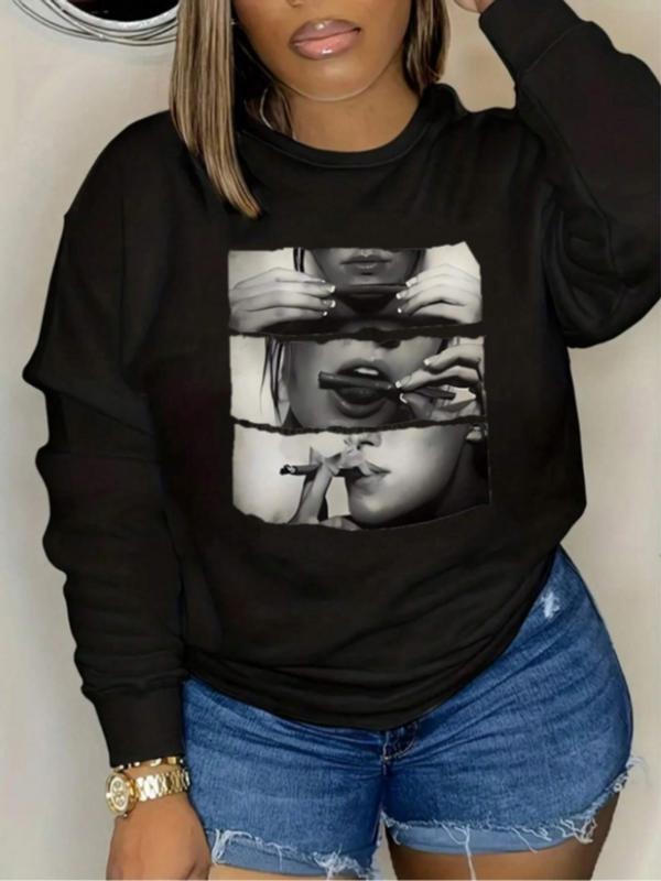Women's Casual Smoking Pattern Pullover Sweater, Soft Long Sleeve Round Neck Sweatshirt, Comfortable Daily Wear T-Shirts,...
