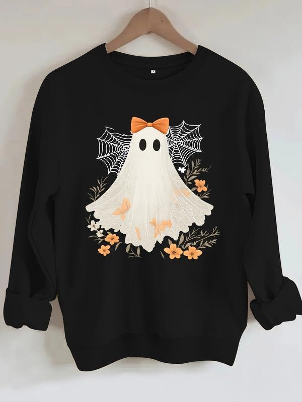Women's Casual Spider Web Ghost Floral Pullover Sweater, Soft Long Sleeve Round Neck Halloween Sweatshirt, All Seasons...
