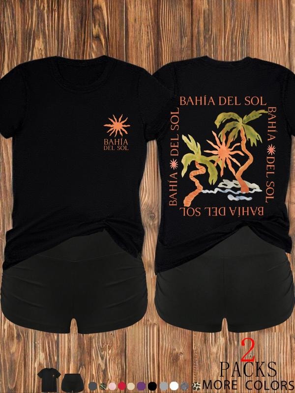 Women's Casual Summer T-Shirt Set, Fashionable High-Street Sun Coconut Tree Print, Lightweight Round Neck Loose Fit Tops...