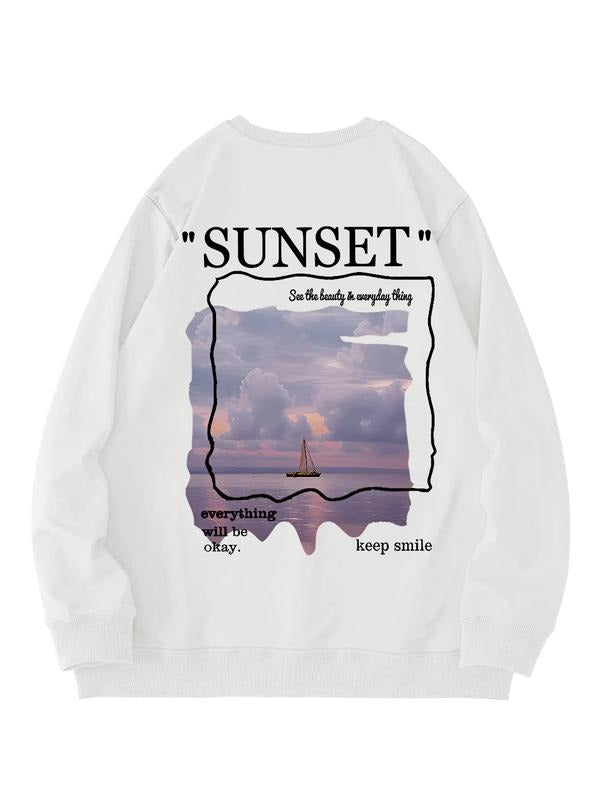 Women's Casual Sunset Sailboat Print Pullover Sweater, Soft Long Sleeve Round Neck Sweatshirt, Comfortable Daily Wear...