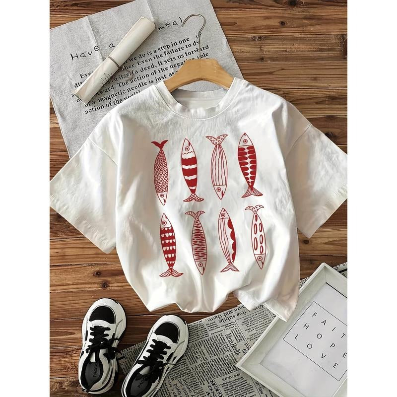 Women's Casual T-Shirt with Unique Fish Print Design