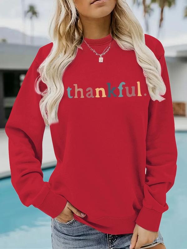 Women's Casual Thankful Pattern Pullover Sweater, Soft Long Sleeve Round Neck Sweatshirt, Comfortable Lady Tops Daily...