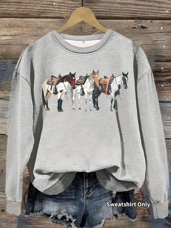 Women's Casual Three Horses Pattern Pullover Sweater, Soft Long Sleeve Round Neck Sweatshirt, Comfortable Daily Wear...