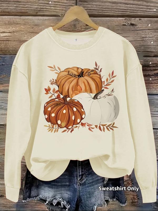 Women's Casual Three Pumpkin Pattern Pullover Sweater, Soft Long Sleeve Round Neck Halloween Sweatshirt, All Seasons Wear...