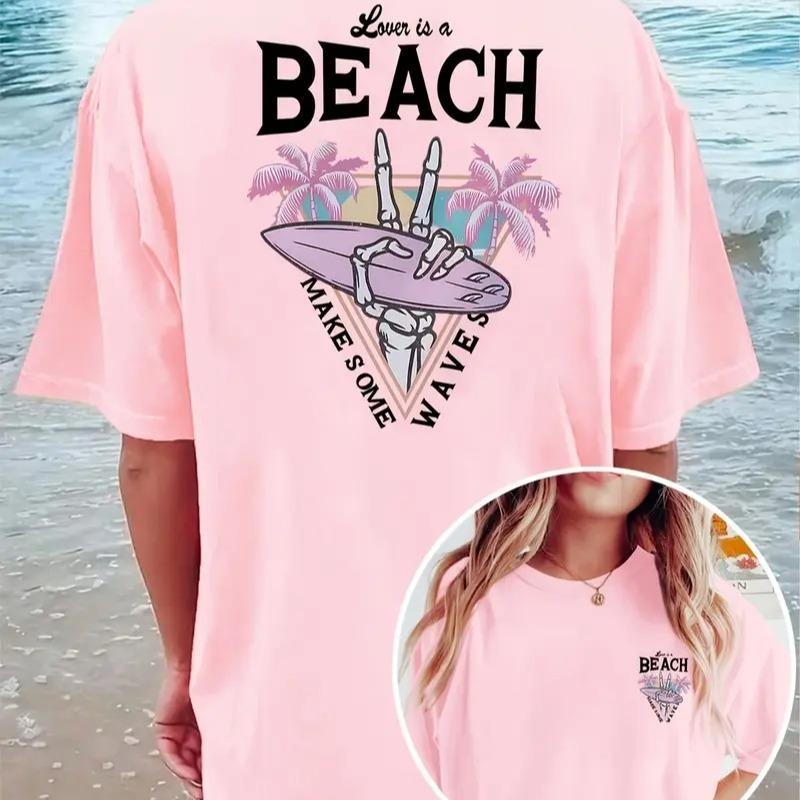 Women's Casual Tropical Graphic Print T-Shirt, Short Sleeve Crew Neck 100% Cotton Tee with "Life is a Beach" Design,...