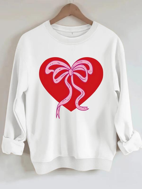 Women's Casual Valentine's Day Heart Bow Print Hoodie, Soft Long Sleeve Round Neck Sweatshirt, All-Season Comfort T-Shirts