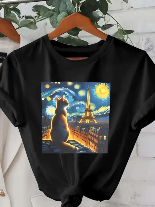 Women's Cat & Eiffel Tower Print Round Neck Tee, Fashion Casual Crew Neck Short Sleeve T-shirt for Daily Holiday Vacation...