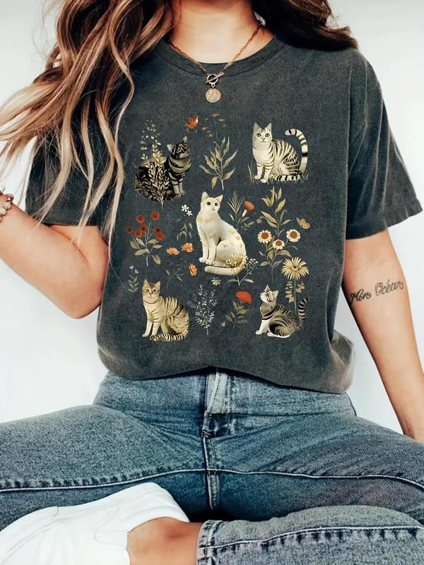 Women's Cat & Floral Print Round Neck Tee, Vintage Trendy Casual Crew Neck T-shirt for Daily Wear, Ladies Summer Hoodie,...