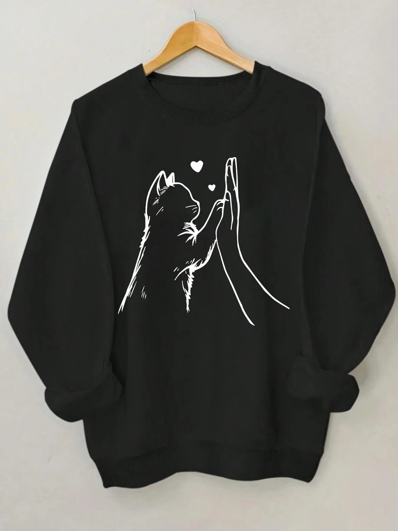 Women's Cat & Hand Print Drop Shoulder Sweatshirt, Casual Long Sleeve Round Neck Pullover for Fall & Winter, Women's...