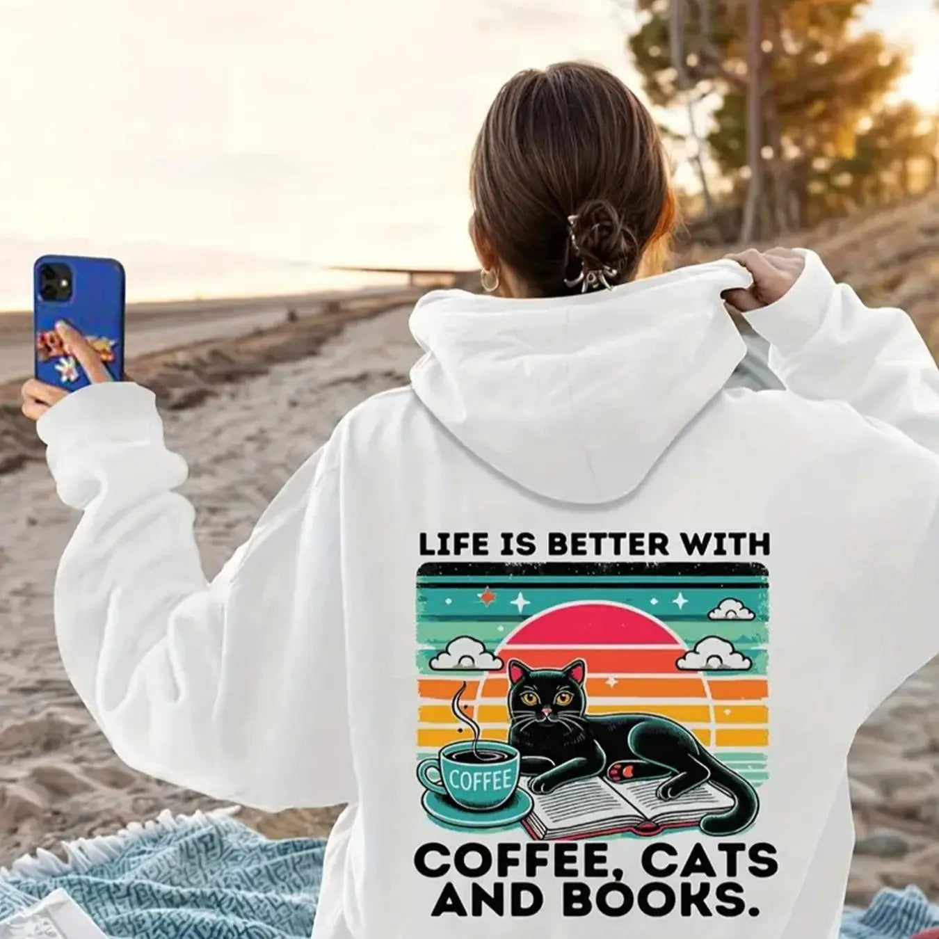 Women's Cat & Letter  Print Drop Shoulder Thermal Lined Hoodie, Fashion Casual Drawstring  Kangaroo Pocket Hooded...