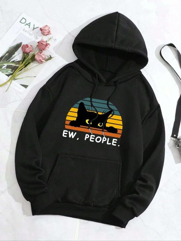 Women's Cat & Letter Print Drop Shoulder Hoodie, Fashion Casual Drawstring Pocket Hooded Sweatshirt for Daily Holiday...