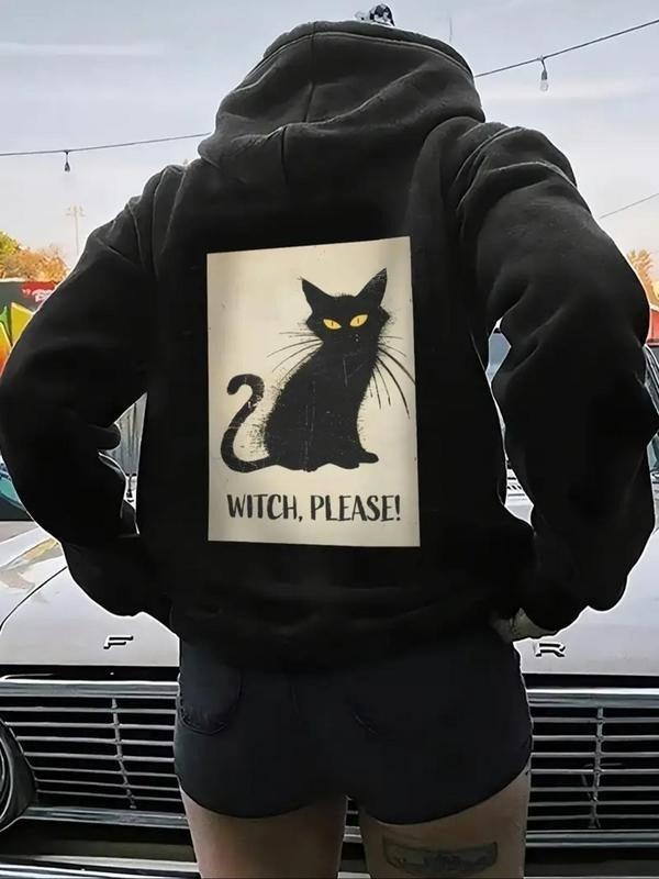 Women's Cat & Letter Print Drop Shoulder Hoodie, Fashion Casual Drawstring Pocket Hooded Sweatshirt for Daily Holiday...