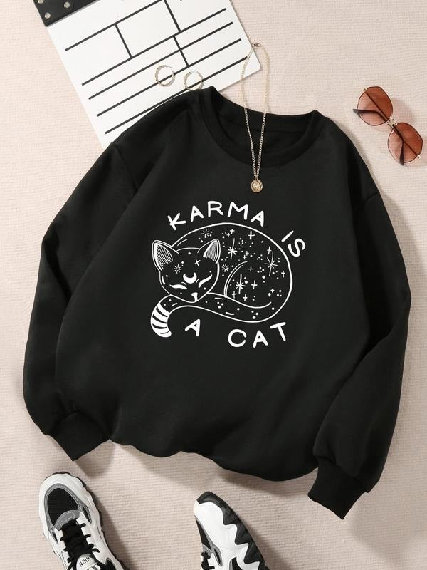 Women's Cat & Letter Print Drop Shoulder Sweatshirt, Casual Long Sleeve Round Neck Pullover for Fall & Winter, Ladies...